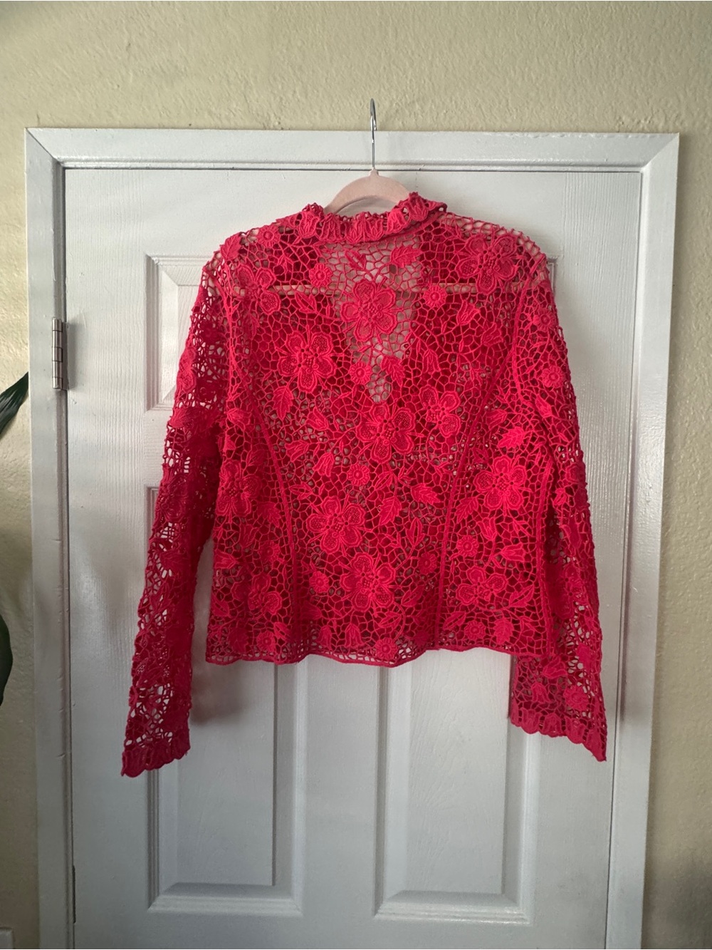 VTG Lafei Neir Pink Floral Crochet Lace Button-Down Blouse Rhinestone Accents - Picture 7 of 7